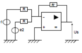 Montage amplificateur sommateur à deux entrées e1 et e2