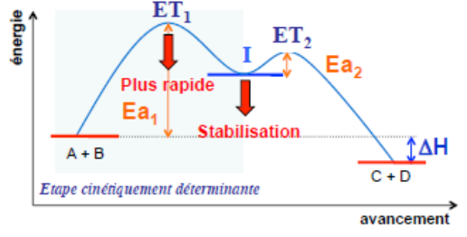 Profil énergétique d'une réaction en deux étapes : la stabilisation de l'intermédiaire I abaisse ET1 et rend la réaction plus rapide