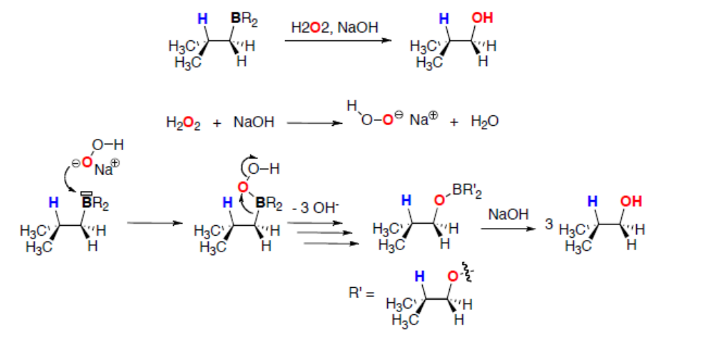Mécanisme de l'oxydation : formation de l'ion hydroperoxyde à partir de H2O2 et NaOH, attaque sur le bore, migration du groupe alkyle vers l'oxygène avec départ de OH⁻ (trois fois), puis hydrolyse du borate par NaOH donnant trois molécules d'alcool
