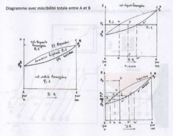 Diagramme avec miscibilité totale entre A et B : liquidus, solidus, coupe isotherme et coupe verticale