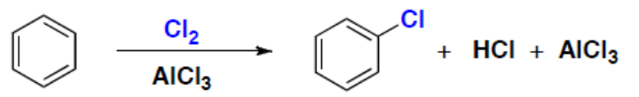 Chloration du benzène par Cl2 et AlCl3 : chlorobenzène, HCl et AlCl3