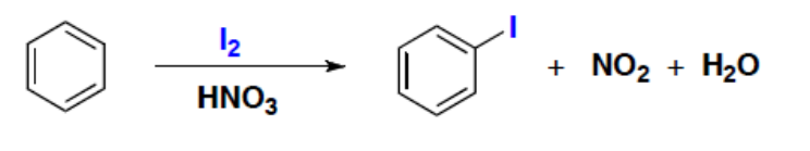 Iodation du benzène par I2 et HNO3 : iodobenzène, NO2 et H2O