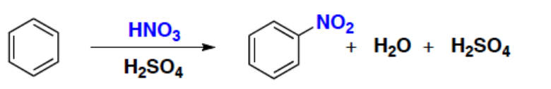 Nitration du benzène par HNO3 et H2SO4 : nitrobenzène, H2O et H2SO4