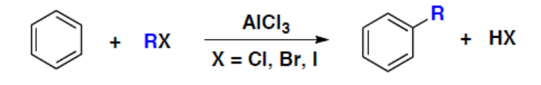 Alkylation du benzène par RX en présence de AlCl3 (X = Cl, Br, I) : alkylbenzène et HX