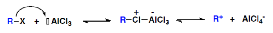 Formation de l'électrophile : R-X et AlCl3 forment un complexe R-X⁺-AlCl3⁻ en  équilibre avec R⁺ et AlCl4⁻