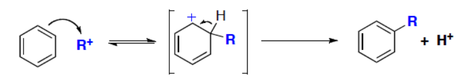 Mécanisme de l'alkylation : attaque de R⁺ par le cycle, intermédiaire de Wheland, puis perte de H⁺