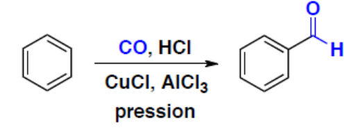 Formylation de Gattermann-Koch : benzène, CO et HCl avec CuCl et AlCl3 sous pression, donnant le benzaldéhyde