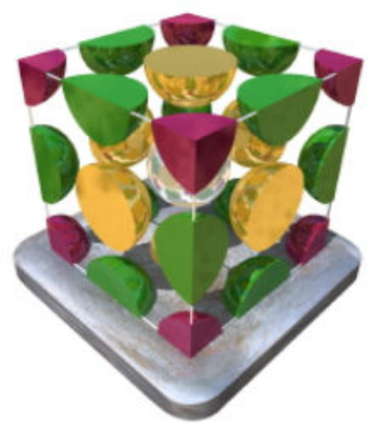 Maille cubique faces centrées montrant les fractions de sphères aux sommets et sur les faces