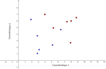 Figure 2.11 : graphe 2D non traité, les points des deux catégories (rouge et bleue) définis par deux caractéristiques (caractéristique 1 et caractéristique 2) ne sont pas séparés