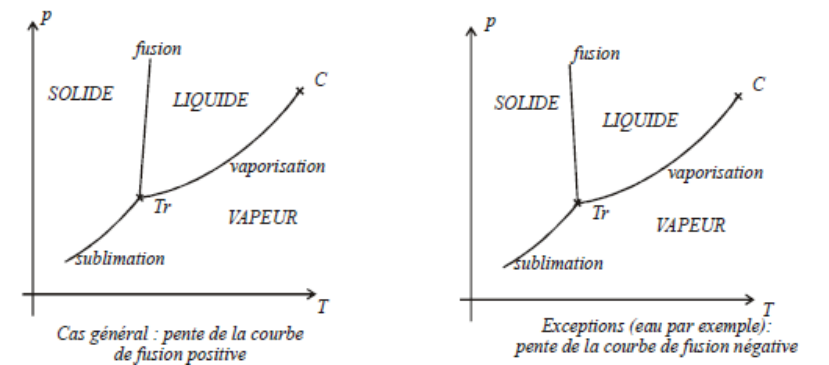 Cas général (pente de fusion positive) et exception de l'eau (pente négative)