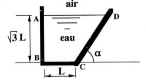 Réservoir à paroi verticale AB, fond BC de longueur L et paroi CD inclinée d'un angle alpha, rempli sur une hauteur racine de 3 fois L