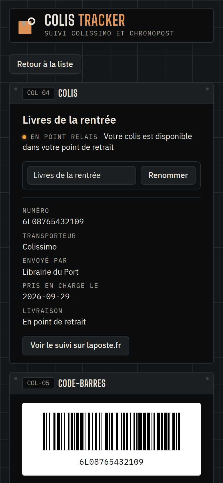 Détail d'un colis en point relais sur mobile