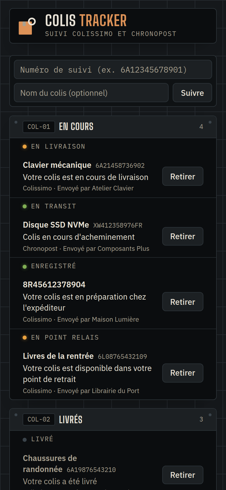 Liste des colis sur mobile