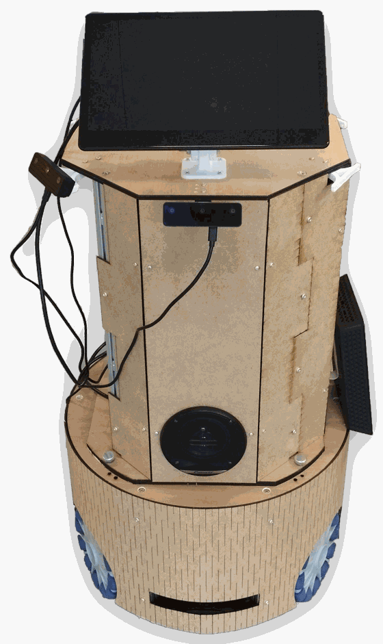 Le robot C-Rob : base mobile holonome et module central C2I avec écran et caméras