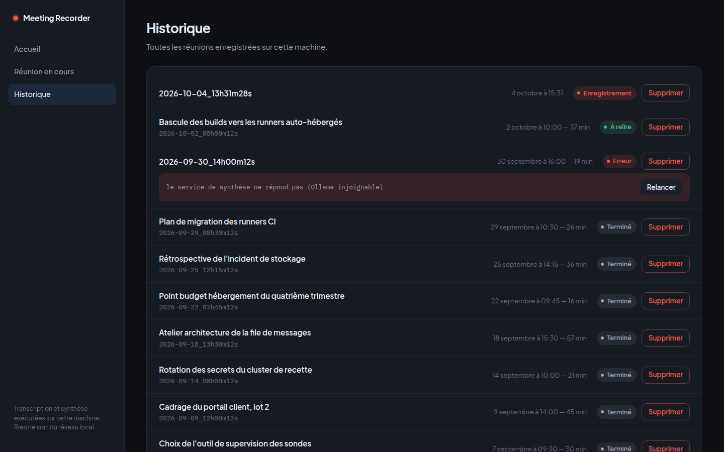 Historique des réunions avec titre proposé par le modèle, durée, statut et relance d'une session en erreur